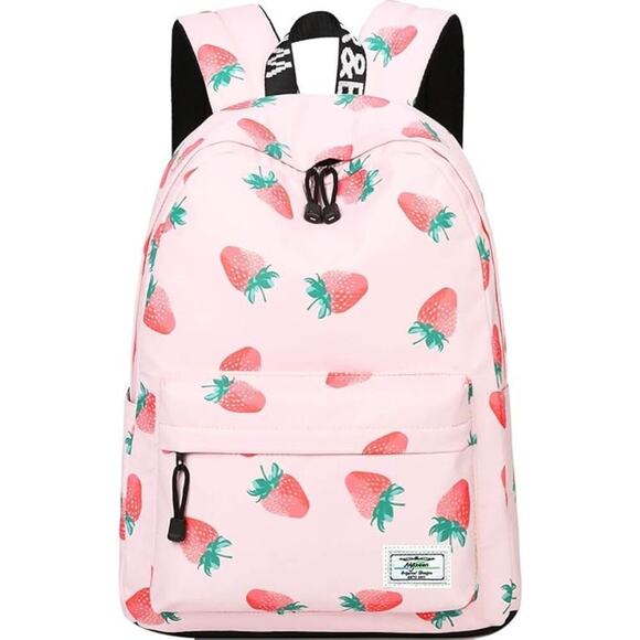 MIRLEWAIY Girl's Pink Strawberry Print School Backpack Bag - Picture 3 of 10